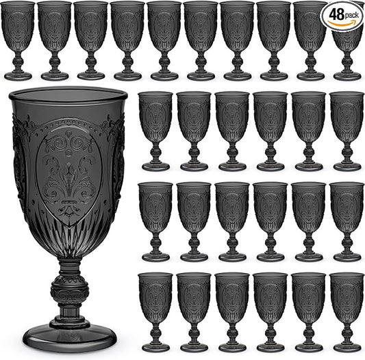 48 Pcs Plastic Goblets 7.5oz Vintage Goblet Plastic Wine Glasses Colored Retro Embossed Water Goblets for Wine Bar Juice Baby Shower Wedding Reception Grand Event Party (Black)