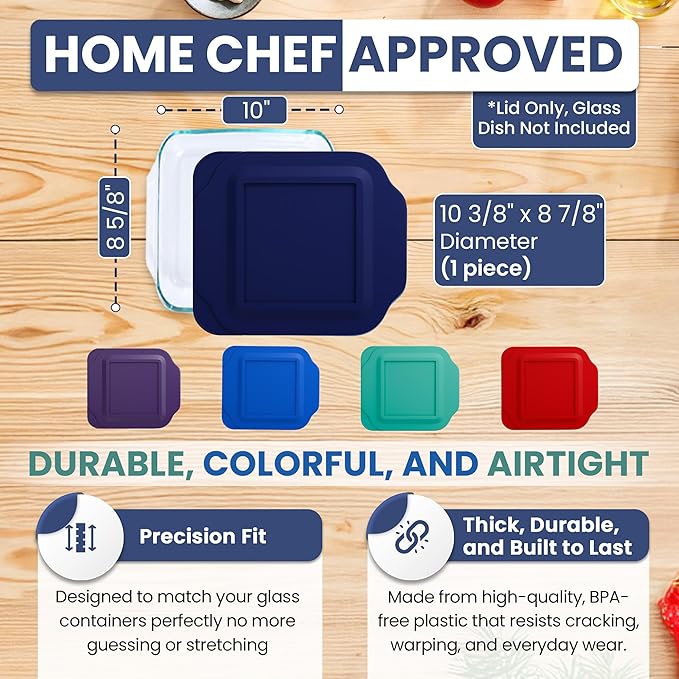 Replacement Lid for Pyrex 2-Quart 8" x 8" Glass Baking Dish #222, Compatible with Lid #222-PC, Food Storage Container Cover with Flush Tab Handles (Navy)