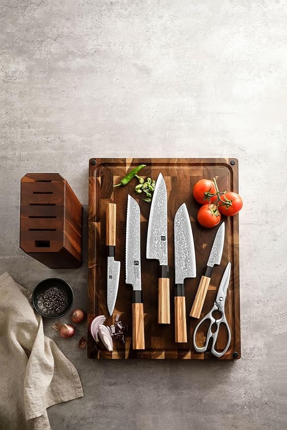 XINZUO Knife Block Set,Hand Forged 67 Layers Damascus Steel,7 Pieces Professional Chef Knife Set with Block&Kitchen Shear&Block, Razor Sharp, Olive Wood Octagonal Handle,Exquisite Box Package