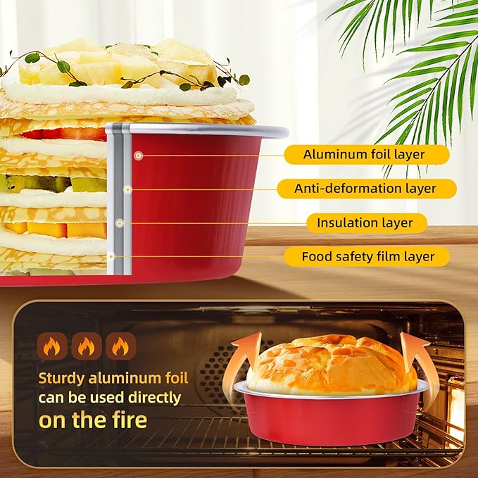 Beasea 4 Inch Disposable Tart Pans with Lids, 120 Pack 8oz Mini Pie Tins Creme Brulee Ramekins Bright Red Aluminum Foil Pie Tart Cake Baking Pans Individual Round Containers Oven Safe for Baking