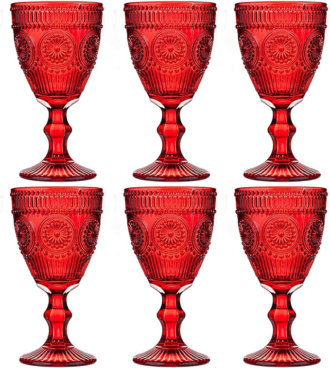 Red Vintage Wine Glasses Set of 6, 10 Ounces Colored Glass Water Goblets, Unique Floral Embossed Pattern High Clear Stemmed Glassware Wedding Party Bar Drinking Cups Fancy Glasses Hand Wash Only