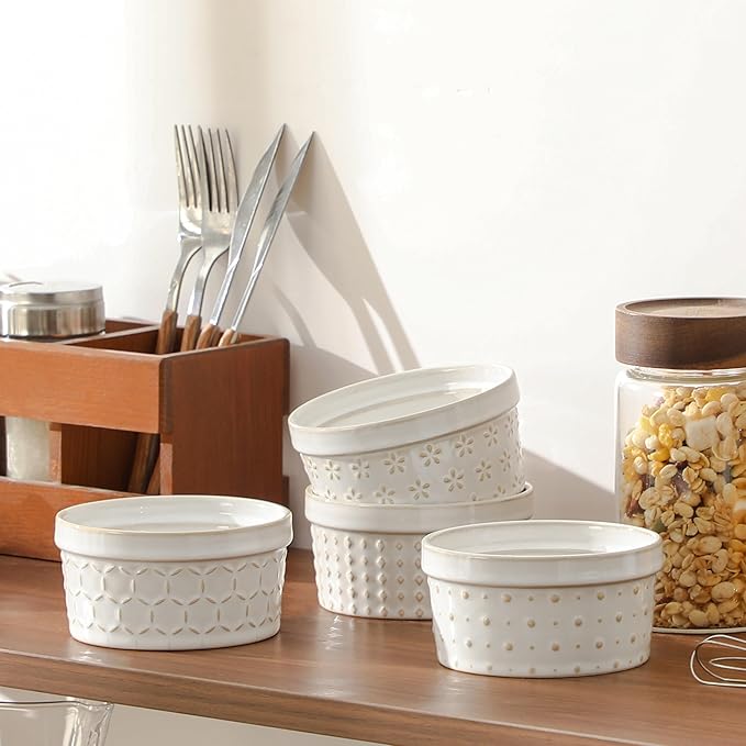 MALACASA Ramekins 8 Oz Oven Safe, Ceramic Creme Brulee Souffle Dishes, Pudding Custard Cups Ramekin For Baking, Small Dipping Sauce Bowls, Set of 4, Microwave and Dishwasher Safe, Arctic White