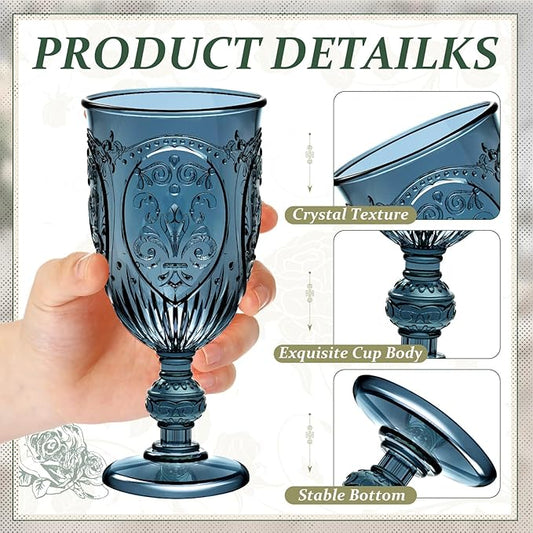 24 Pcs Plastic Goblets 7.5oz Vintage Goblet Plastic Wine Glasses Colored Retro Embossed Water Goblets for Wine Bar Juice Baby Shower Wedding Reception Grand Event Party (Mixed Color)