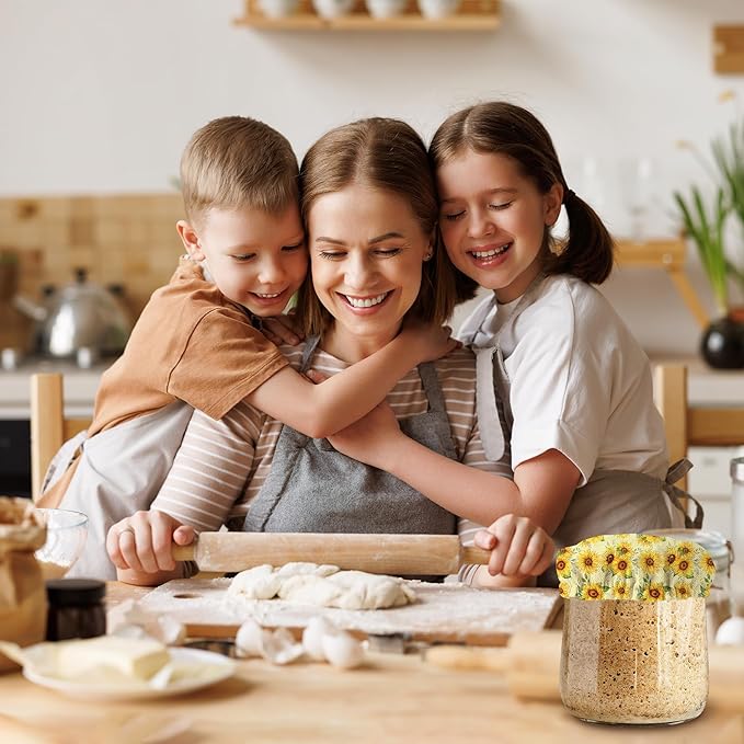 Sunflower Floral Sourdough Jar Cover Reusable Cloth Lid for Sour Dough Starter Jar,5 Pack Bread Fermentation Container Tops Elastic Fabric Caps