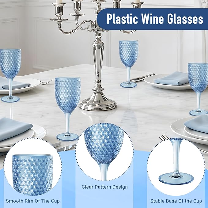 24PCS Blue Plastic Wine Glasses 13oz,Acrylic Goblets Toasting Glassware,Unbreakable Cups Drinking Glasses for Bar Party,Wedding