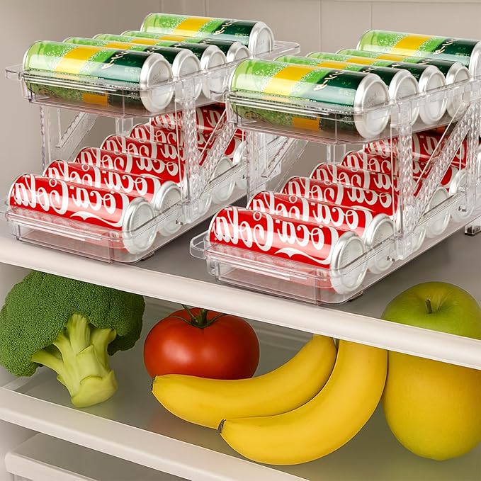 2 Pack Drink Organizer for Refrigerator, Soda Can Dispenser, Adjustable Width Canned Food Pop Cans Container Beverage Holder for Fridge Organizing, Clear Plastic Storage Bins