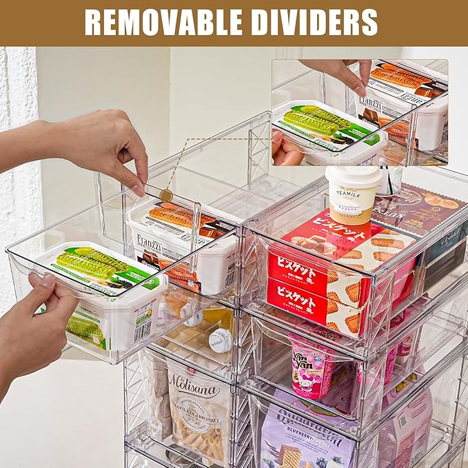 6Pack Pantry Organizers and Storage,Clear Stackable Kitchen Storage Organizer,Foods Organizer Bins with Handles, Easily Assemble for Bathroom, Kitchen, Refrigerator, Pantry, Cabinet, Closet