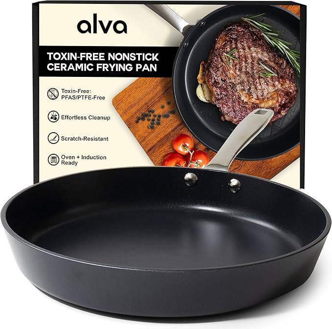 Alva Maestro 9.5” Non-Toxic Ceramic Nonstick Frying Pan – Oven & Induction Safe Skillet for Healthy Cooking – Sustainable, No PFAS/PTFE, Easy-to-Clean, Even Heat Distribution, Toxin-Free Cookware