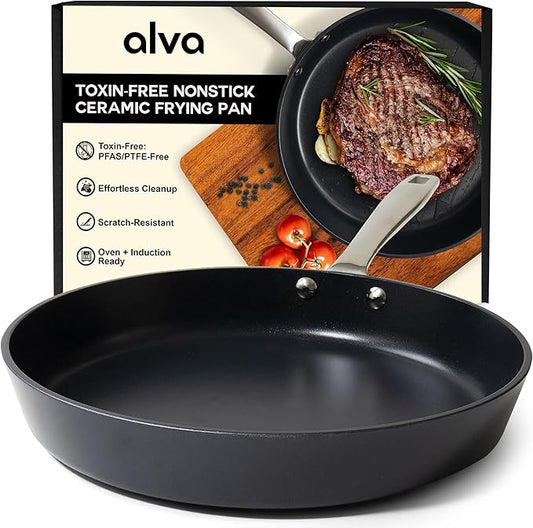 Alva Maestro 9.5” Non-Toxic Ceramic Nonstick Frying Pan – Oven & Induction Safe Skillet for Healthy Cooking – Sustainable, No PFAS/PTFE, Easy-to-Clean, Even Heat Distribution, Toxin-Free Cookware