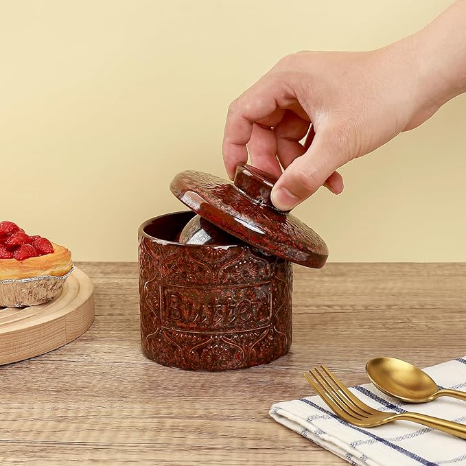 Butter Crock, Ceramic French Butter Dish with Lid for Countertop, Butter Keeper with Water Line for Fresh Spreadable Butter (Vintage Red)