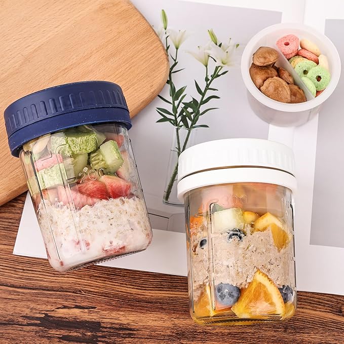 6 Pack Overnight Oats Containers with Lids and Spoons, 16 OZ Glass Mason Jars with Removable Separate Compartments, Airtight Leak Proof Oatmeal Container for Chia Pudding, Yogurt, Breakfast, Cereal