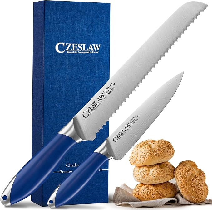 Bread Knife 2pcs, Forged from High Carbon German Steel, Full Tang Professional Grade Serrated Bread Knife for Homemade Bread
