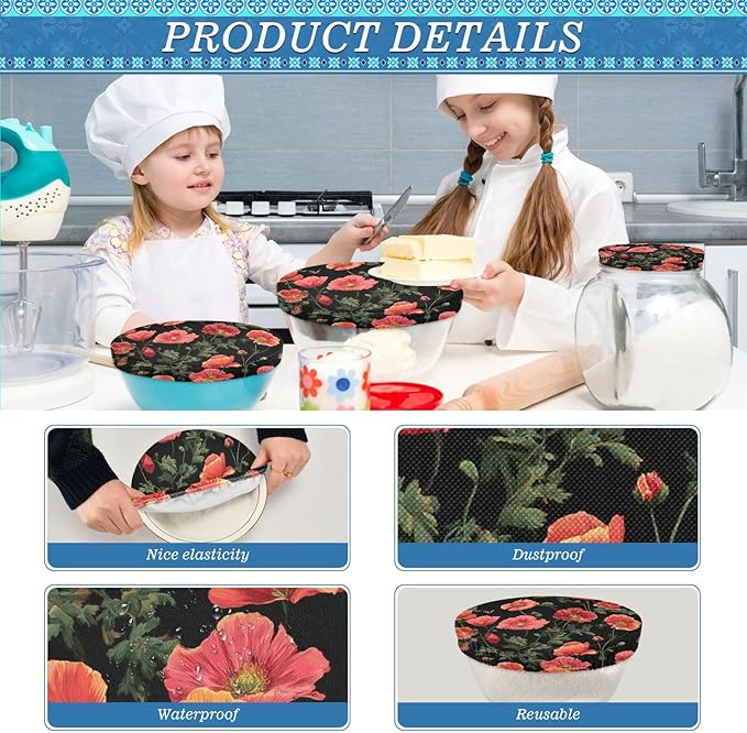 5 Pcs Bowl Covers Reusable in 5 Size Elastic Food Cover Cloth Lids Fresh Keeping Dish Cookware Bakeware Fabric Covers Lids for Food Leftovers Fruits Storage Black Poppy Butterfly