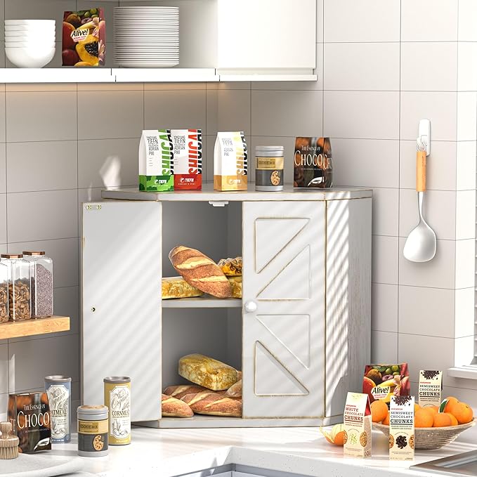 Corner Bread Box for Kitchen Countertop, Storage Container for Homemade Bread, Double Layer BreadBox, Large Capacity Bread Storage Bin, Vintage Farmhouse Breadbox Organizer,Antique White