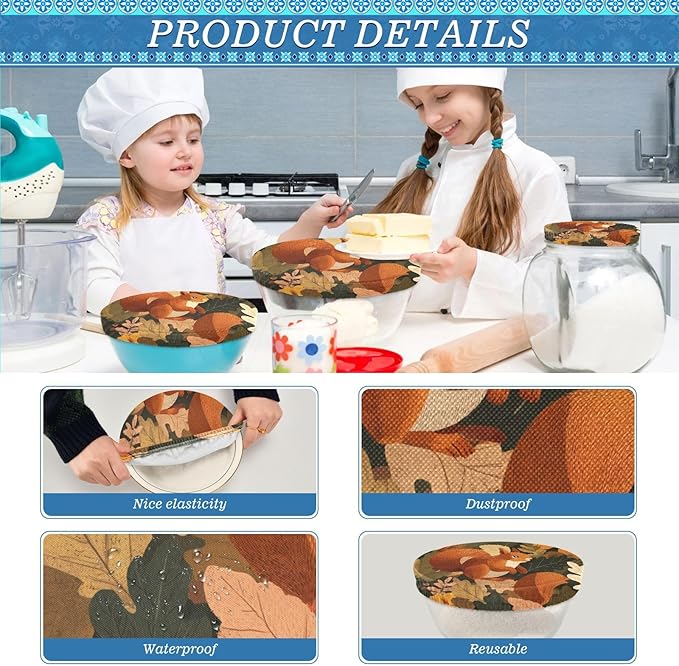 5 Pcs Bowl Covers Reusable in 5 Size Elastic Food Cover Cloth Lids Fresh Keeping Dish Cookware Bakeware Fabric Covers Lids for Food Leftovers Fruits Storage Orange Squirrel Leaves Falling