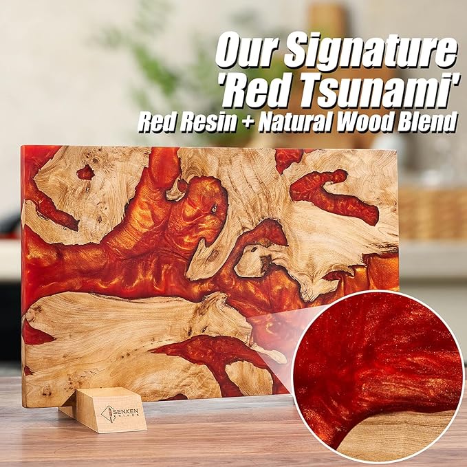 SENKEN "Red Tsunami" Extra Large Magnetic Knife Block - Holds Up to 16 Knives - Knife Block without Knives, Universal Knife Holder, Beautiful Red Resin & Natural Wood Blend ("Crimson" Red Resin Blend)