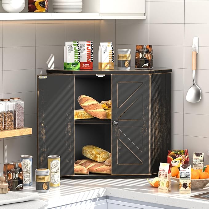 Corner Bread Box for Kitchen Countertop, Storage Container for Homemade Bread, Double Layer BreadBox, Large Capacity Bread Storage Bin, Vintage Farmhouse Breadbox Organizer,Antique Black