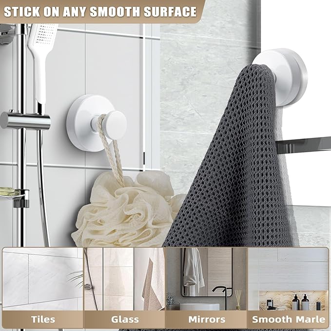 Suction Cup Hooks for Shower No-Drill Bathroom Hooks for Towels, Robes, Loofah Mountable on Bathroom Walls, Kitchen, Glass, Mirrors, Tile and Smooth,Non-Porous Surfaces (4, White)