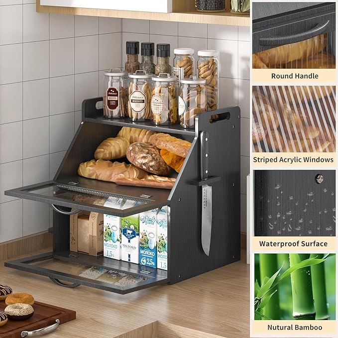 Bread Box, Bread Box for Kitchen Countertop, Large Bread Storage Container for Homemade Bread, Wooden Farmhouse Breadbox Organizers, Double Layer Bread Bin with Acrylic Window Bread Holder,Black