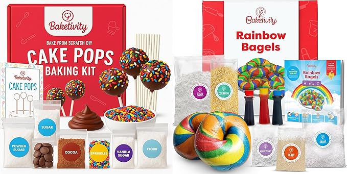 Baketivity Rainbow Bagel & Cake Pop Baking Kit Bundle – Kids Baking Set with Pre-Measured Kosher Ingredients, Illustrated Instructions & Video Guide – Fun Cooking Activity for Ages 6-12+