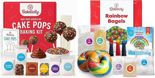 Baketivity Rainbow Bagel & Cake Pop Baking Kit Bundle – Kids Baking Set with Pre-Measured Kosher Ingredients, Illustrated Instructions & Video Guide – Fun Cooking Activity for Ages 6-12+