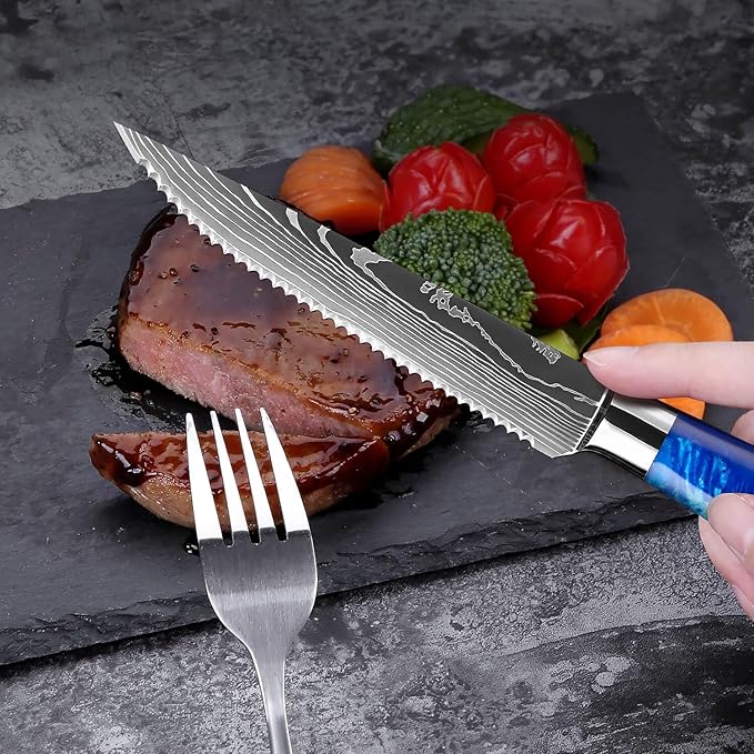 SENKEN Professional Steak Knife Set with Engraved Damascus Pattern, Razor Sharp Blade, High Carbon Stainless Steel with Beautiful Gift Box, Blue & Red Resin Handles
