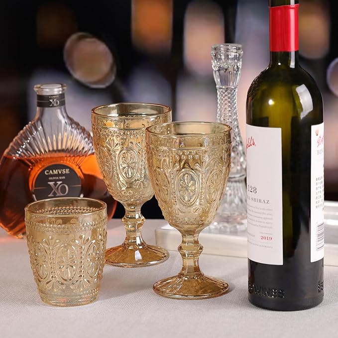 Amber Wine Glasses set of 4, Amber Goblets, Vintage Drinking Glassware, Colored Glassware Set for Party, Home & Wedding