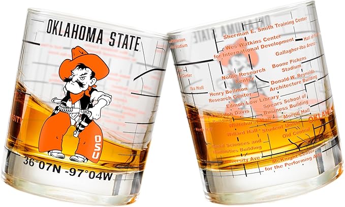 Greenline Goods – Oklahoma State University Cowboys College Whiskey Glasses (Set of 2), 10 oz – Full-Color Logo + Campus Map