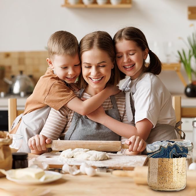 Sourdough Starter Jar Covers,5-Pack Reusable Blue Marble Cloth Lids for 3-4 Inch Jars,Ideal for Kombucha Kefir or Cheese Fermentation