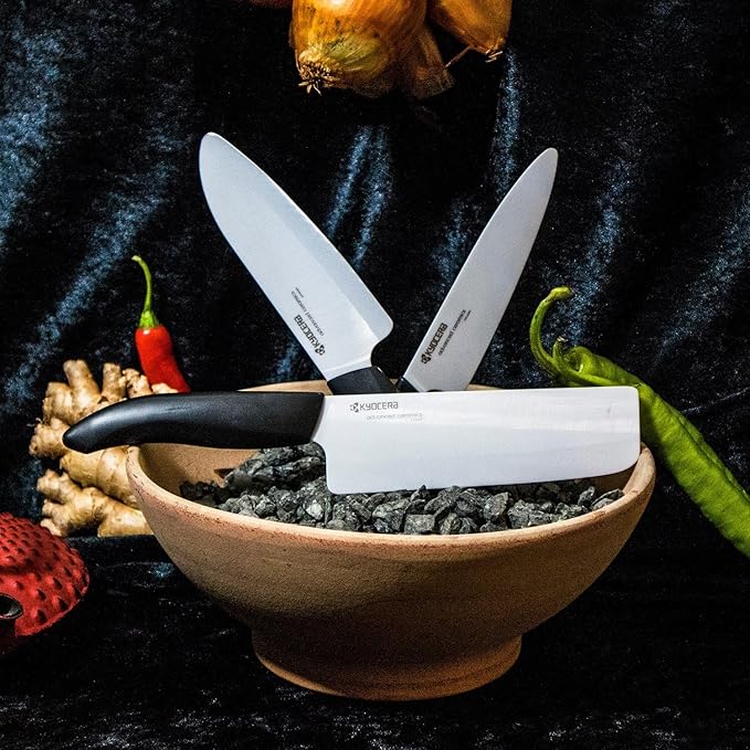 Kyocera Advanced Ceramic Revolution Series 6-inch, Chef's Santoku Knife, Black Handle, White Blade , 6 Inch - FK-160 WH