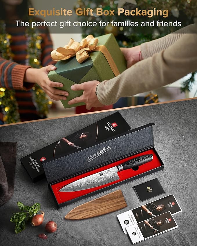 XINZUO Damascus Gyuto Chef Knife with Sheath 8 Inch,Sharp Kitchen Knife Professional,Pakkawood Handle, Chef Gift Box