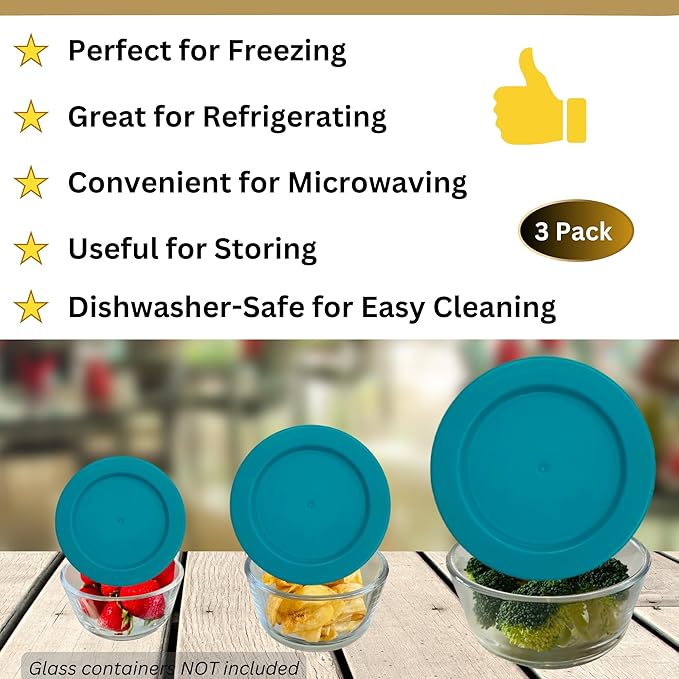 2, 4 & 7 Cup Turquoise Replacement Lids/Covers for Pyrex, Anchor Hocking & KlareWare Storage Bowls *Lids Only Glass Container Not Included* (3 Pack *One of Each Size*)
