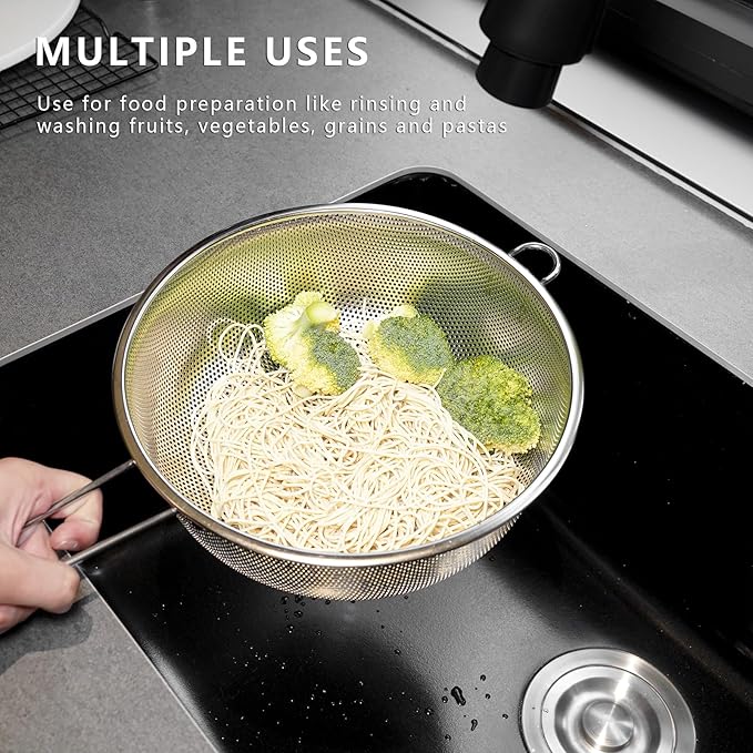 Metal Fine Mesh Strainer and Colander for Kitchen with Handle, Stainless Steel Pasta Strainer/Kitchen Funnel/Collander/Sifter for Strain/Wash Vegetables, Fruits, Spaghetti, Rice (10.2＂)