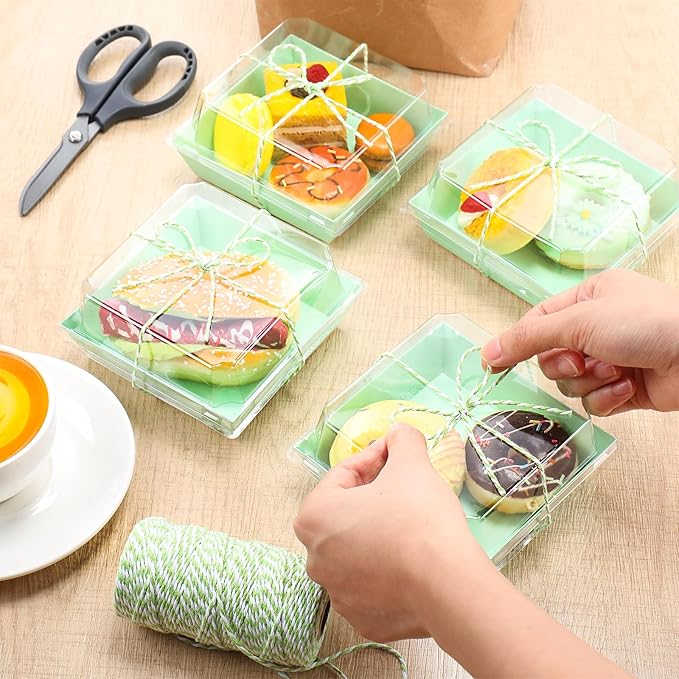 Ctosree 100 Pcs Paper Charcuterie Boxes with Clear Lids 4.5 Inches Disposable Cake Square Dessert Container Bakery Boxes Bundle with Rope for Food Cake Slice Cookie Sandwich Dessert(Light Green)