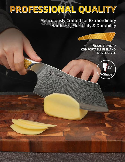 7 inch Nakiri Knife, Japanese VG-10 Damascus Steel Meat Cleaver, Ultra Sharp Vegetable Knife with Full-tang Handle in Yellow Resin, LA-S9 Series