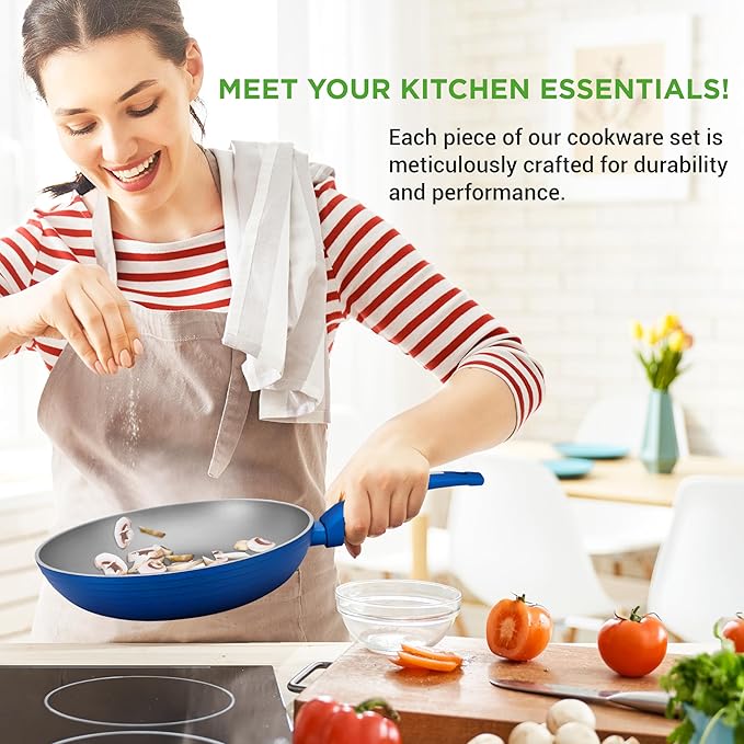 NutriChef 12-Pc Blue Nonstick Cookware Set - Professional Pots & Pans with Durable Coating, All Cooktops Compatible, Including Induction