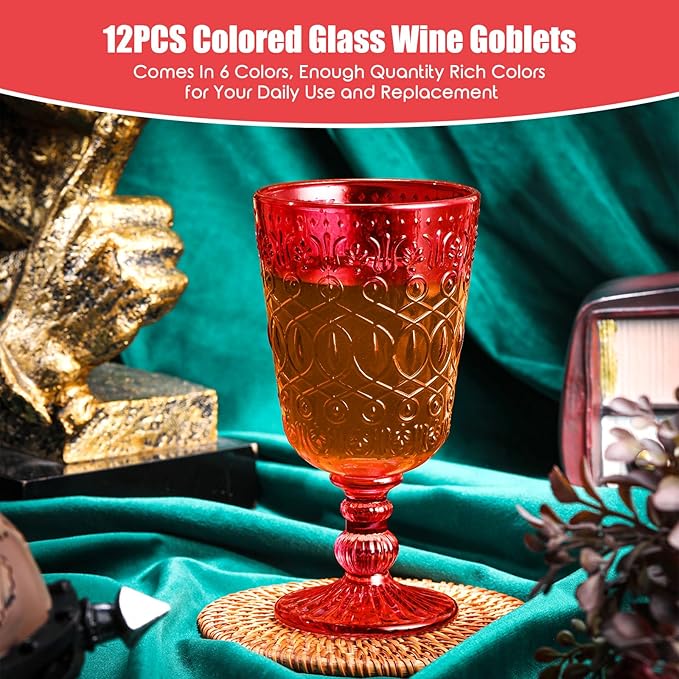 Eaasty Wine Glasses Set of 12 Vintage Goblet 9 oz Vintage Colored Glass Goblet Beverage Stemmed Glass Cups Romantic Embossed Glassware for Wedding Party Holidays Anniversary (Red)