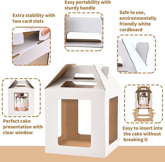 Tall Cake Boxes 6 Windows with handle,10x10x10 Tall Cake Carrier, Tiered Cake Box, Square cake box,largeTake Out Transport Containers Ideal for 10" & 12" Tiered Cakes (2Pack-White)