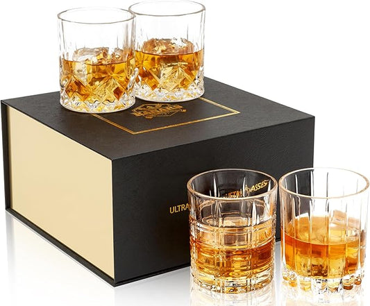 KANARS Old Fashioned Whiskey Glasses - Multi Designs Bourbon Glass 10 oz with Luxury Box - Ultra Clear Crystal Rocks Barware for Scotch, Irish Whisky, Rum and Cocktail - Set of 4