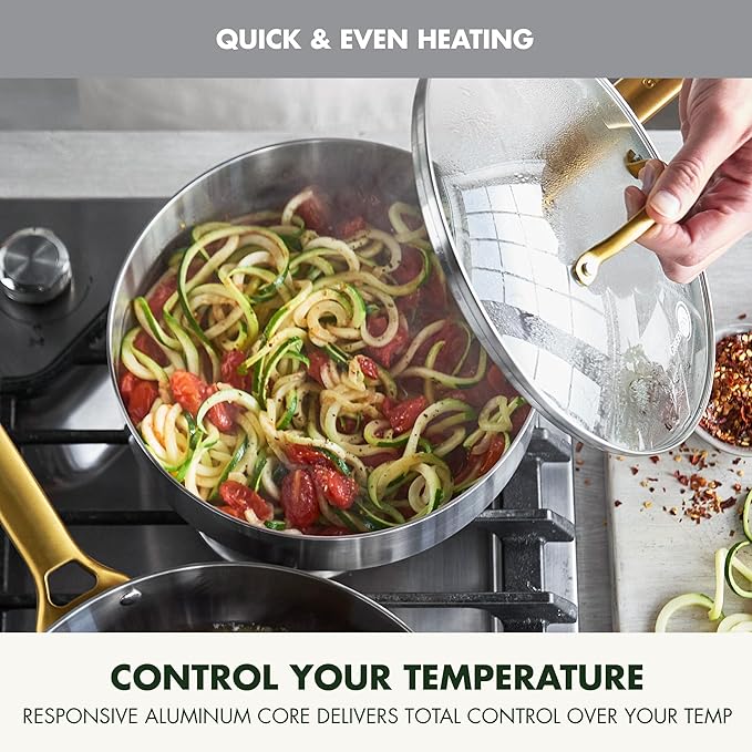 GreenPan Stainless Steel Tri-Ply Reserve 10 Piece Cookware Pots and Pans Set, Multiclad, PFAS-Free, Induction, Oven & Broiler Safe to 600°F, Heat Responsive Core, Dishwasher Safe, Glass Lids