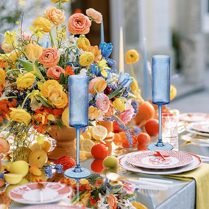 6 Pieces Blue Champagne Flutes,6 OZ Twill Pattern Striped Vintage Stem Glasses Stemware Wine Glasses Champagne Long Stem Drinking Colored Glasses Goblets for Wedding Cocktail Cups,Cava, Prosecco