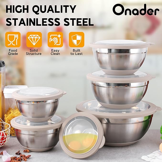 Onader Mixing Bowls with Lids Set of 6, Large Metal Nesting Mixing Bowls, Stainless Steel Non-Slip Salad Bowl Khaki – Size 1, 1.5, 2, 2.6, 3.5, 7QT
