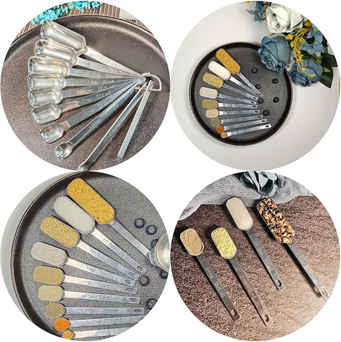 Measuring Spoons Set, 18/8 Stainless Steel Measuring Spoons, Heavy Duty Narrow Metal Measure Spoon with Long Handle, Metric & US Engraved Measurements Set 9 Fits in Spice Jars for Dry or Liquid