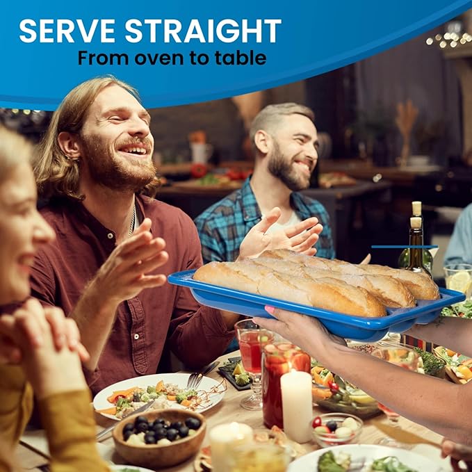 Baguette Pan with Lid for French Bread – 3 Slot Blue Bread Baker Tray – Ceramic Baguette Mold for Sub Rolls, Hoagie, Italian Loaf – Easy-Lift Handle & Vented Crisp Crust Baking