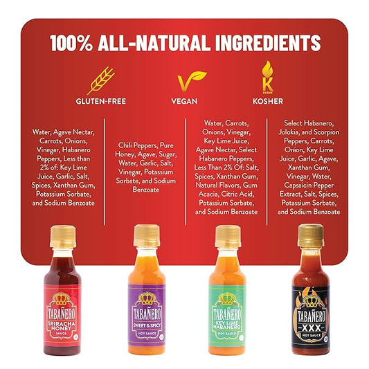 Mini Hot Sauce Gift Set by Tabañero, Holiday Gift Box with Sriracha Honey, Sweet and Spicy, Key Lime and XXX Flavors, 4-Pack, 1.7oz Hot Sauce Bottles, All Natural, Gluten Free, Low Sodium, Vegan, Kosher, Made in the USA