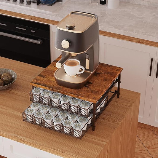 Coffee Pod Drawer K Cups Organizer 2-Tier Coffee Pod Storage Holder with Drawer Baskets 72 Capacity Coffee Capsule Storage Organizer Drawer, Industrial Brown and Bronze