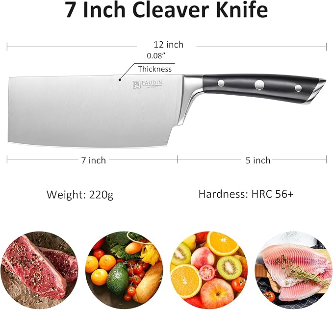 PAUDIN Cleaver Knife, Switzer Chinese Chef Knife 7 Inch, High Carbon Stainless Steel Butcher Knife with ABS Handle, Kitchen Knife for Meat Cutting Vegetable Slicing