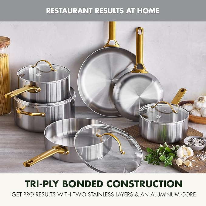 GreenPan Stainless Steel Tri-Ply Reserve 10 Piece Cookware Pots and Pans Set, Multiclad, PFAS-Free, Induction, Oven & Broiler Safe to 600°F, Heat Responsive Core, Dishwasher Safe, Glass Lids