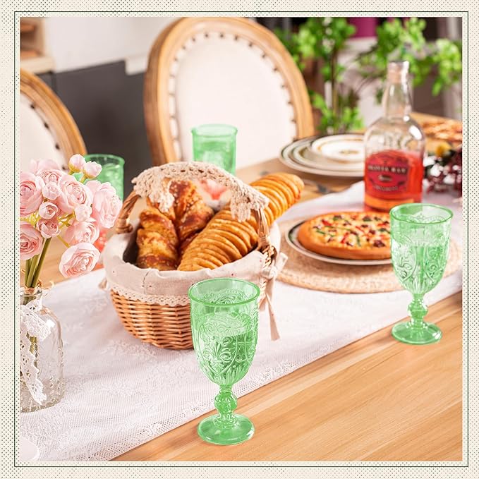 6 Pcs Plastic Goblets 7.5oz Vintage Goblet Plastic Wine Glasses Colored Retro Embossed Water Goblets for Wine Bar Juice Baby Shower Wedding Reception Grand Event Party (Green)