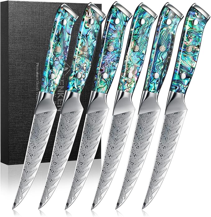 SENKEN 6-Piece Damascus Steak Knife Set, Non-Serrated Blades, Real Abalone Shell Handle Handle, "Umi" Collection Japanese Steak Knives, Japanese VG10 Steel 67-Layer Damascus
